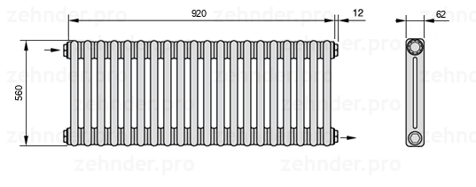Схема (чертеж) Радиатор Zehnder Charleston 2056/20 №1670 Белый глянцевый RAL 9016